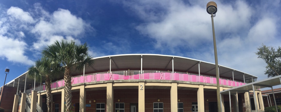 Multiple groups around campus have chipped in to decorate the school with signs, banners and chalk art in support of Breast Cancer Awareness month.