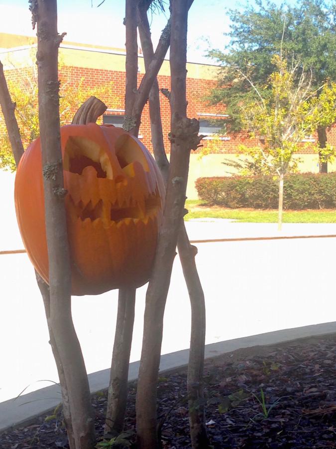 Culinary students carved pumpkins from the boys varsity soccer pumpkin patch and left them various places around school to get people in the Halloween spirit.