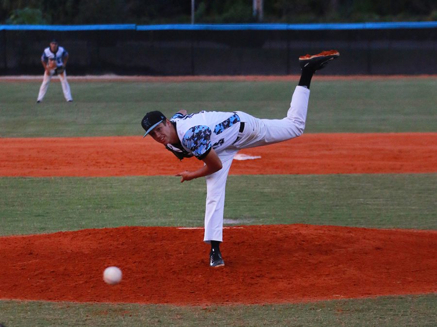 Pitcher Travis Hosterman pitches in a 7-1 loss against Oviedo on Wednesday, April 6. Despite the loss, the team split the season series with Oviedo, 1-1, and remains atop the district.