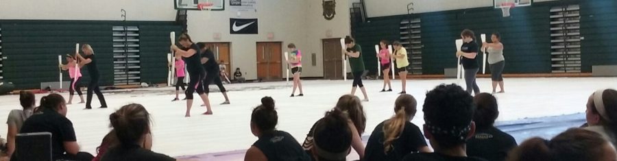The beginner rifle class performs a routine they learned in the Paradigm camp. With over 20 different classes, Paradigm summer clinics allow all levels to perform.  