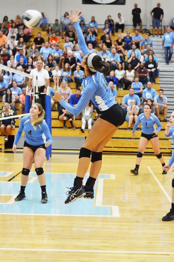  Outside hitter Leandra Mangual spikes  the ball against Oviedo on Thursday, Sept. 8. Mangual finished with 13 kills despite a 3-2 loss. 