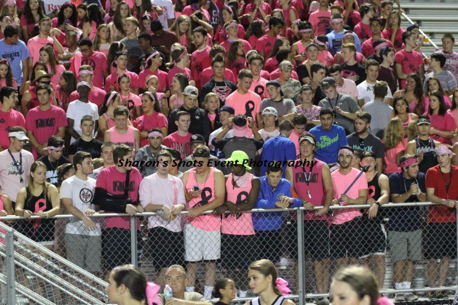 The student section dressed in pink to support breast cancer and the team at last years pinkd game against East Ridge.