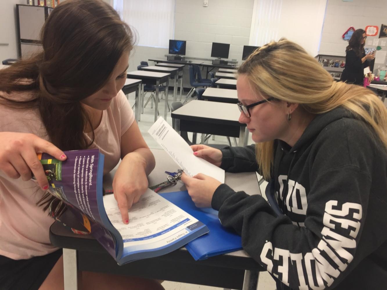 Sophmore Jacqlene Rosu and Olivia Eldridge study for their English exam in English II teacher Sarah Jarems room.  Rosu tends to bring a study partner with her during her study time. 