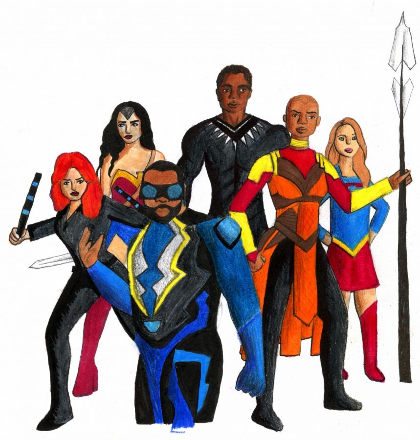The pioneering African American and female characters of the superhero genre. (From left to right: Black Widow, Wonder Woman, Black Lightning, Black Panther, Okoye, and Supergirl.) 
Illustration by Sydney Crouch