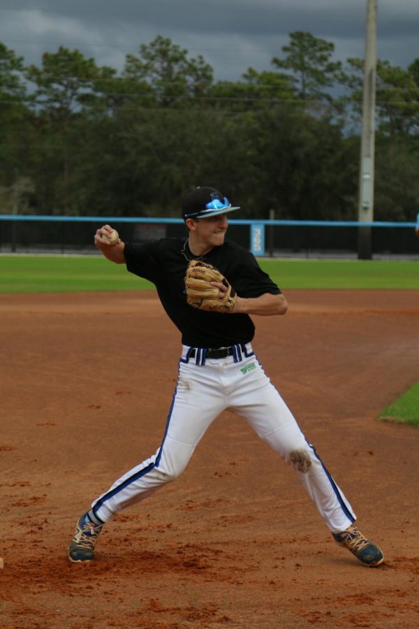 Third baseman Jackson Grabsky throws the ball at baseball tryouts. Grabsky had a hit and two runs in the game over Oviedo. 