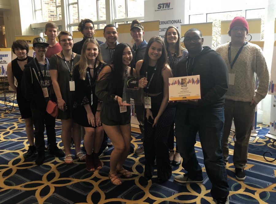 Juniors Katie Carlson and Kali Jobs (front center) were part of the group of TV Production students to win the Silent Film Competition at the Student Television Network conference in Nashville, Tennessee.