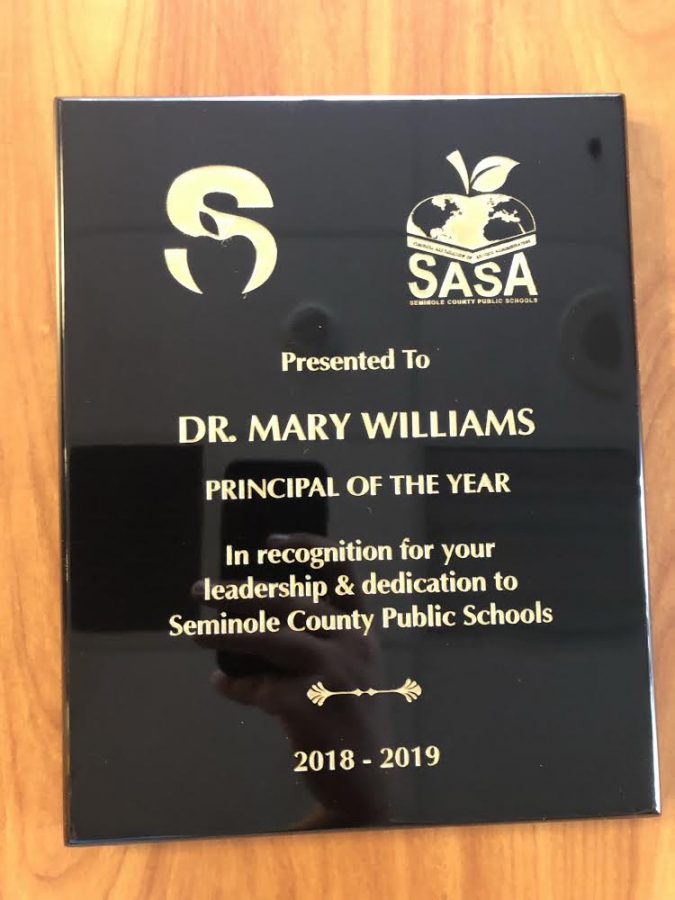 Dr. Williams Principal of the Year plaque hangs in her office. This plaque and a check were her rewards for winning the title. 