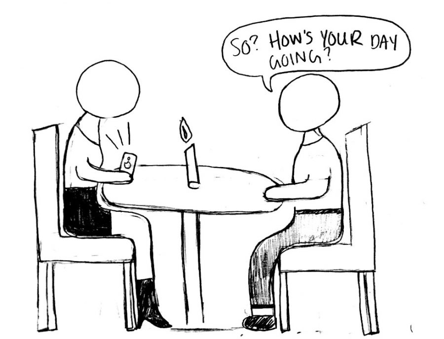 The illustration shows two people sitting at a table trying to have a conversation, but one persons phone gets in the way of that. This demonstrates how technology has affected society today. 