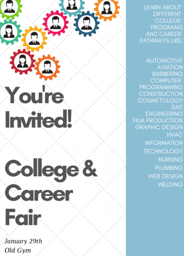 This is the invitation that was sent to students to inform them about the fair. Along the side, there are departments, schools and businesses that are visiting the fair.  