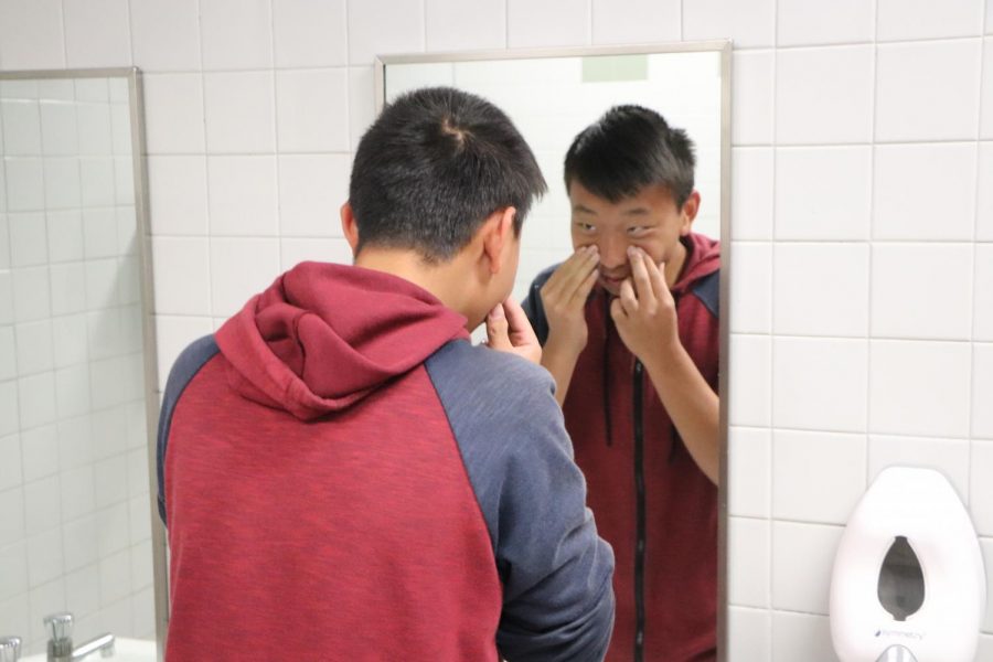 Sophomore Nicolas Cai examines his skin in the bathroom.  Cai;s daily regimen consists of a face wash in the morning.