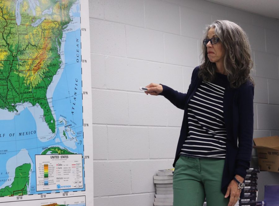 Whats wrong with California?-History teacher Robin Grenz points to California on the map. She is working towards retirement and will not fulfill her position next year.