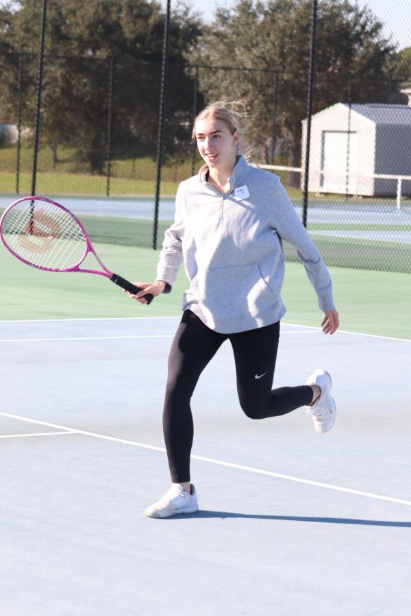 Even on the coldest day of the year, (Jan.21) Sophomore Gaby Witherwite is still able to go outside and play tennis.