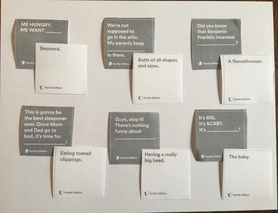 People can download Cards Against Humanity: Family Edition in two different size PDFs for free. One is a 21-page PDF with small square cards and the other is a 47-page PDF with larger rectangular cards. 