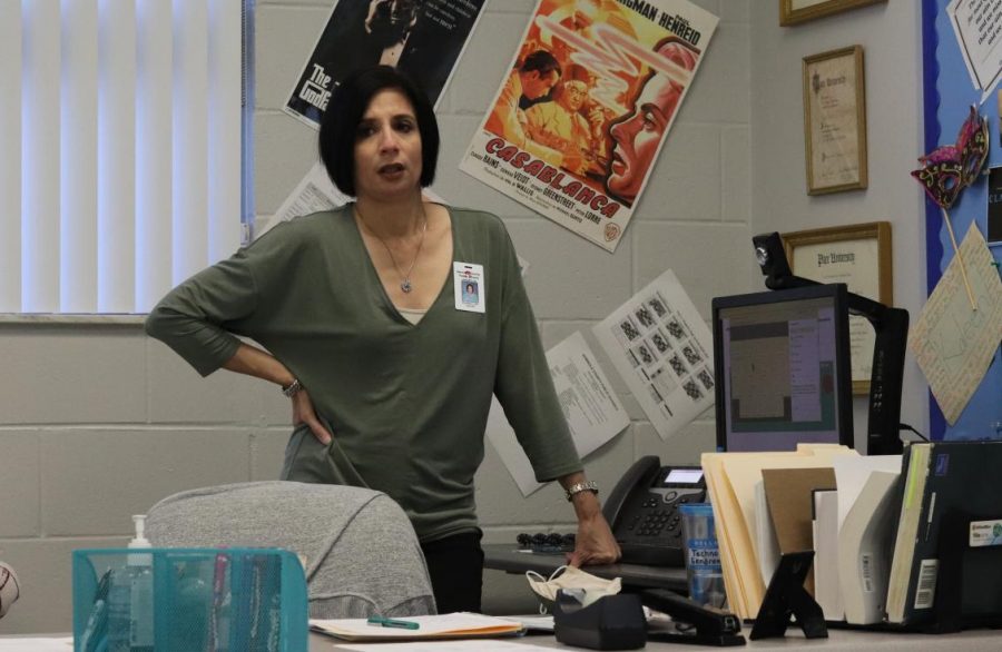 English teacher Lisa Gendreau gets frustrated with the computer problems she is having while teaching face-to-face and Connect students at the same time.