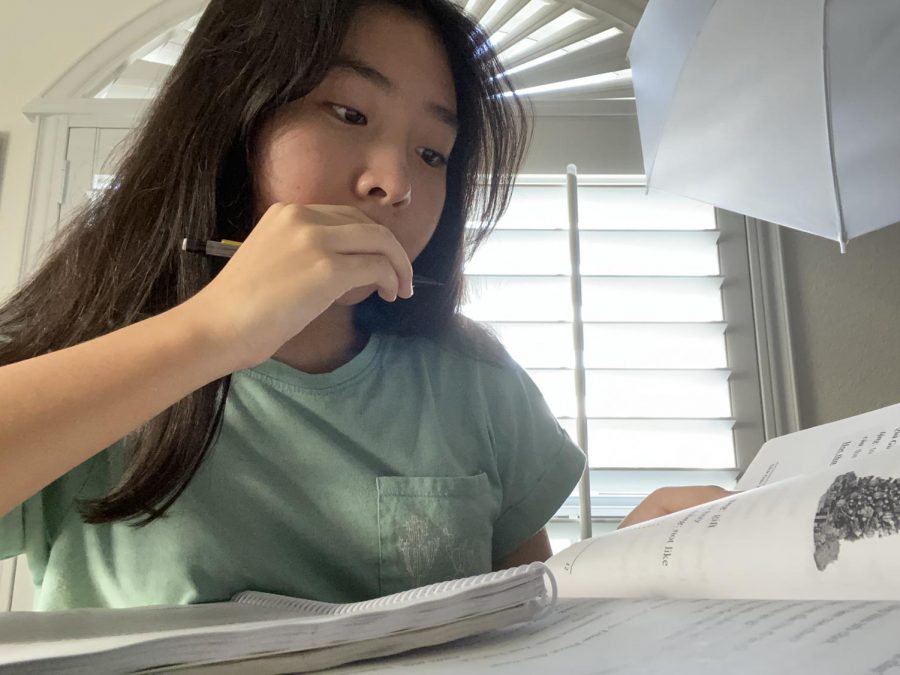 Sophomore+Kathlynn+Nguyen+writes+down+notes+from+her+Vietnamese+language+book.+She+attends+a+virtual+language+school+every+Saturday.+