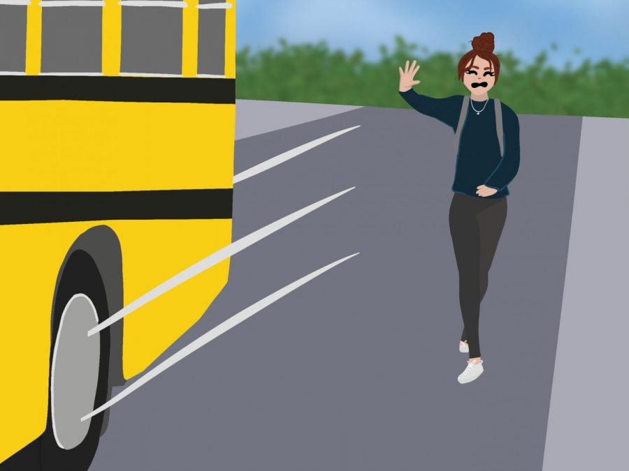 A student runs after the bus. The studnet woke up late and missed her ride to school. Digital drawing. 