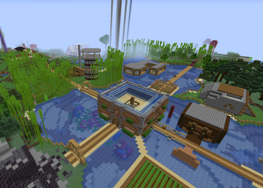 This screenshot from the Dream SMP server features the central structure of the Community House, prior to its destruction and the connecting Prime paths. 