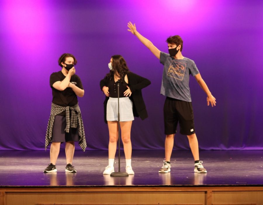 Junior Mac Anderson. sophomore Jazlyn Compton and senior Jarett Warner rehearse for The 25th Annual Putnam County Spelling Bee
