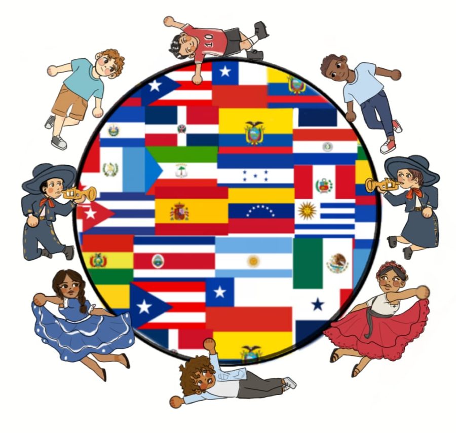 Illustration showing all Hispanic countries as well as the American Flag demonstarting the celebration of Hispanic Heritage Month. 