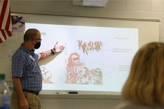 On Jan. 12, junior Caitlyn Hale holds a meeting in journalism teacher Brit Taylors classroom to discuss the Literary Magazine. This was the second meeting of the school year and the group talked about themes, submissions and a possible title. 