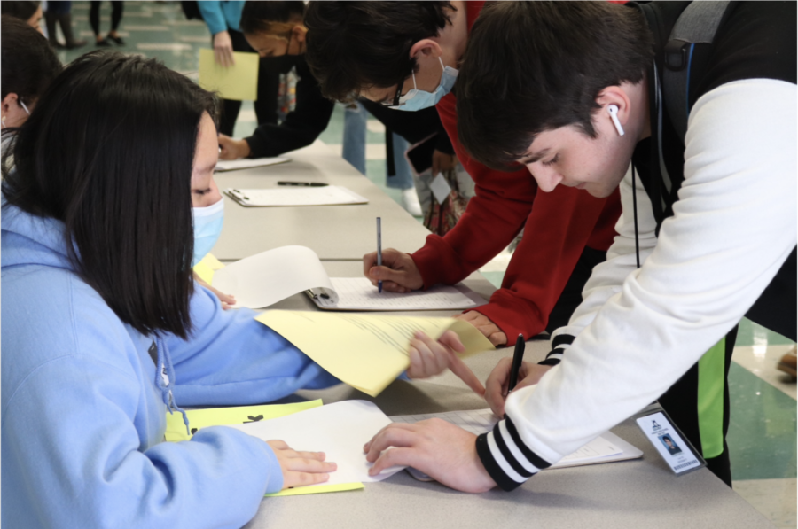 Junior Tyler Covelli signs up to apply for the National Honor Society. After receiving an invitation, students had to meet in the cafeteria to get their application, leading those not in attendance to miss out on information.
