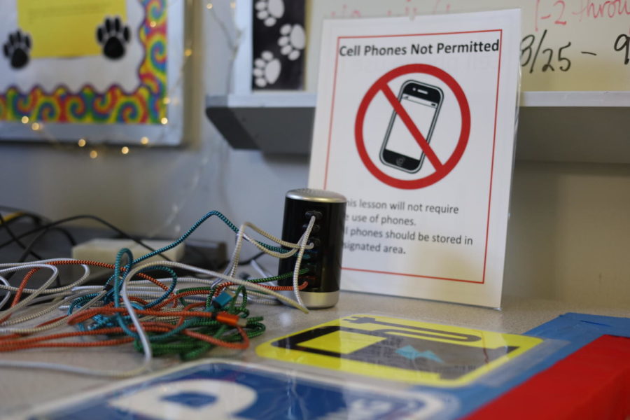 Gretchen Knoblauch’s “parking garage” set up, where students may plug in their phones during class. Knoblauch decided to create this in order to abide with the new school policy and allow for a charging station in her class.