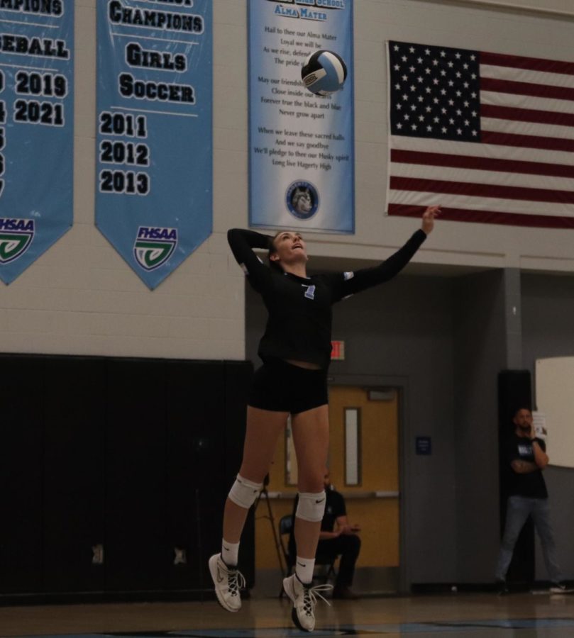 Outside Hitter Brooke Stephens is serving the ball. The team went on to beat Lake Mary 3-0. 