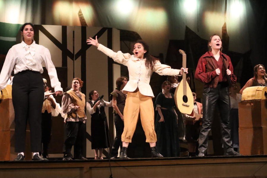 Juniors+Rebecca+Reyes%2C+Madelynn+Roberts+and+Madi+Agosto+sing+during+act+one+of+Something+Rotten.+The+show+opened+on+March+30+at+7+p.m.+in+the+Hagerty+auditorium.+