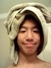 Sophomore Cameron Yap captures hsi towel turban to share with friends.