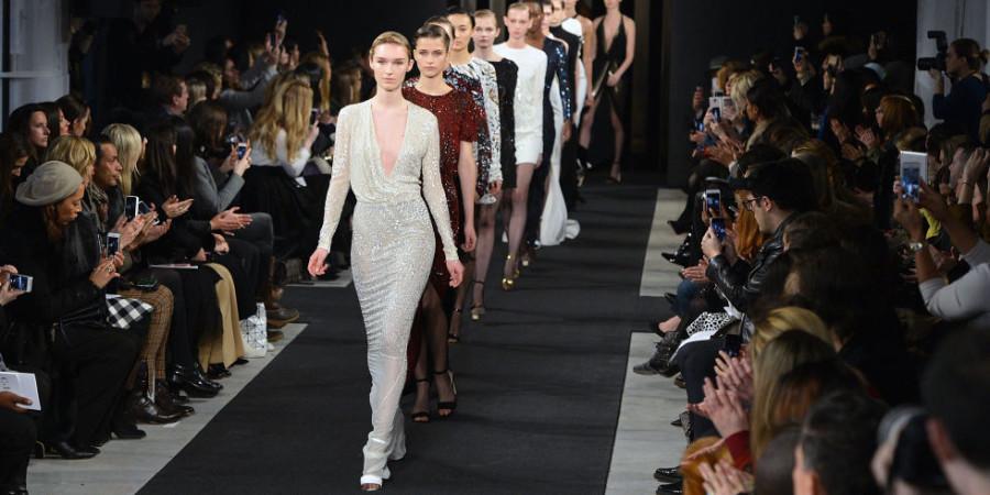 Models strut down the runway giving the audience one last chance to preview designs during the finale of a New York Fashion Week show.