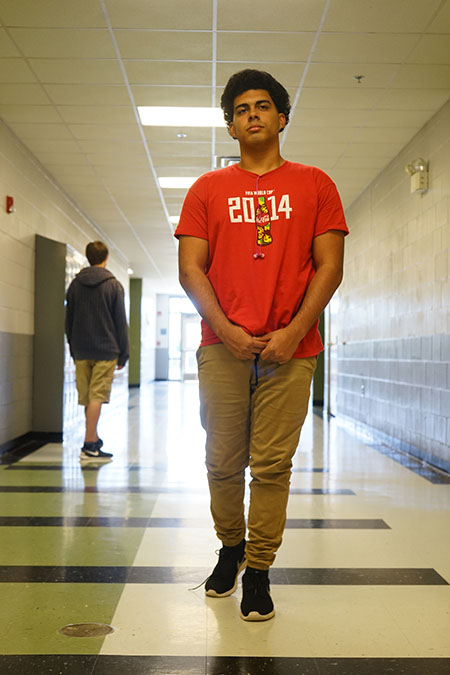 Jeovani Overstreet in a mix of hip-hop oriented clothes.