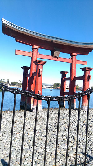 Epcot takes inspiration from Japanese architecture with a torii gate constructed in the style of the real world Itsukushima Shrine of Japan.