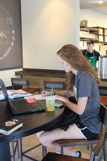 Senior Megan McKeel works on homework at the new Starbucks. Students often go to Starbucks and Chipotle to work on schoolwork.