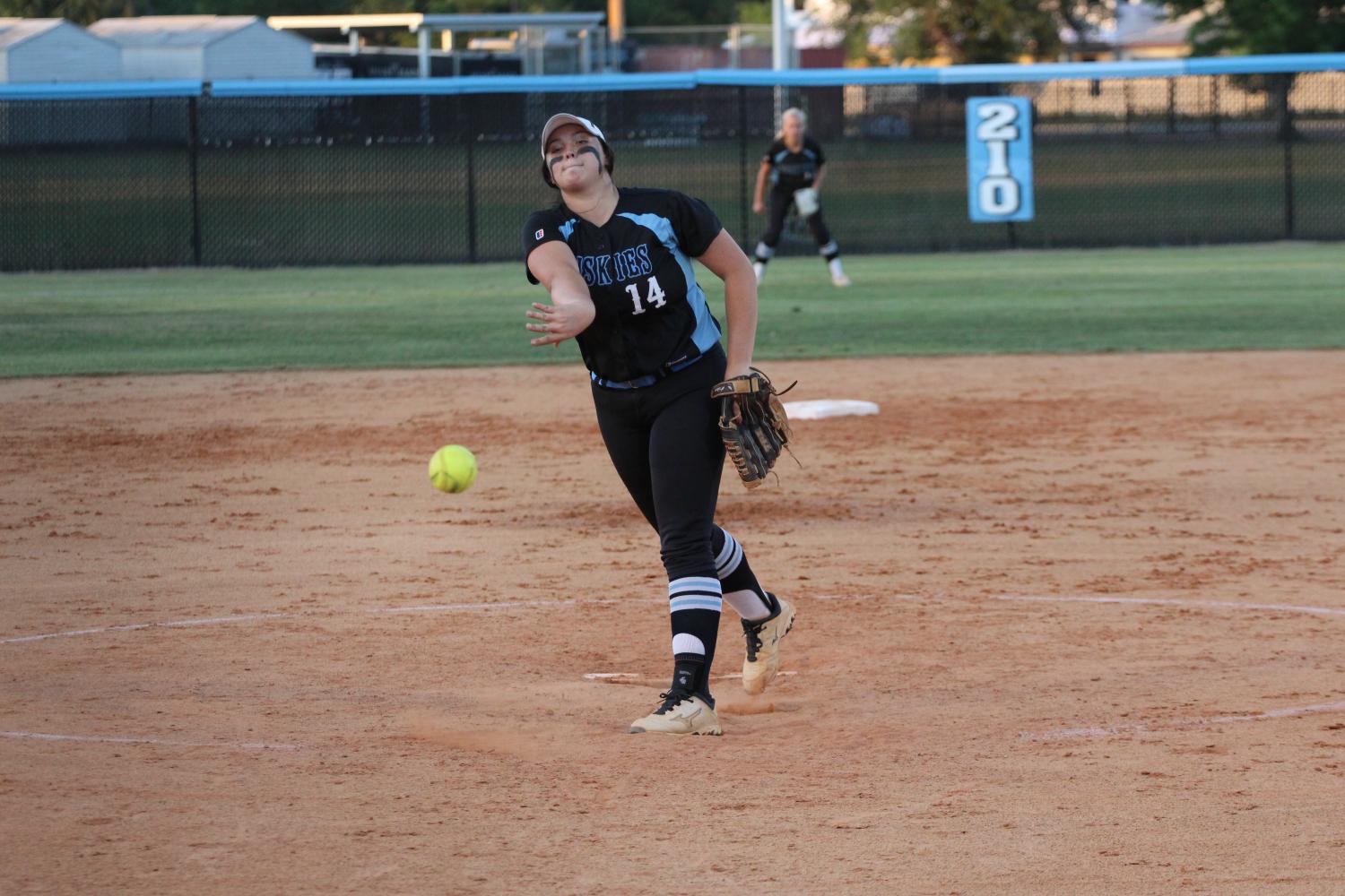 Pitcher Ashley Worrell pitches against East River. The team won 7-2.