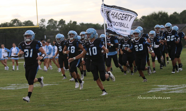 The team runs on the field to play against Lake Brantley. The team won 22-12.