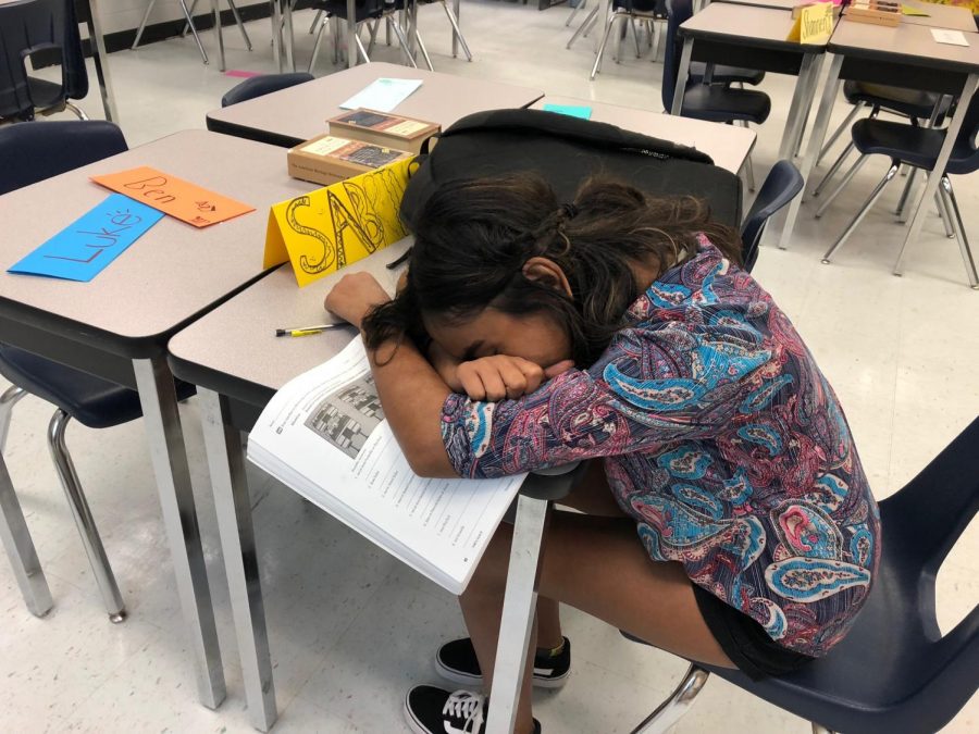 Sophomore Sabrine DeSilva takes a power-nap at the end of class. After a long day, she likes to recharge her energy.