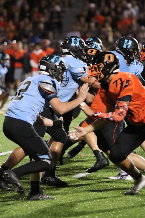 Hagertys offensive line attempts to hold off the Oviedo defensive line.