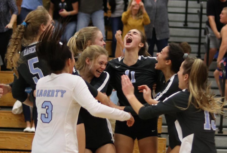 The varsity girls volleyball team celebrates after beating Lyman 3-2. The team will play Saturday, Nov. 9 against Plant High for a chance to get to the state final.