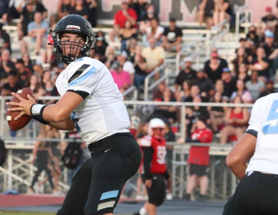 Quarterback Anthony Benzija throws to defensive end Colin Schaefer in the third quarter of the East River game. Hagerty took home the win, 20-14.