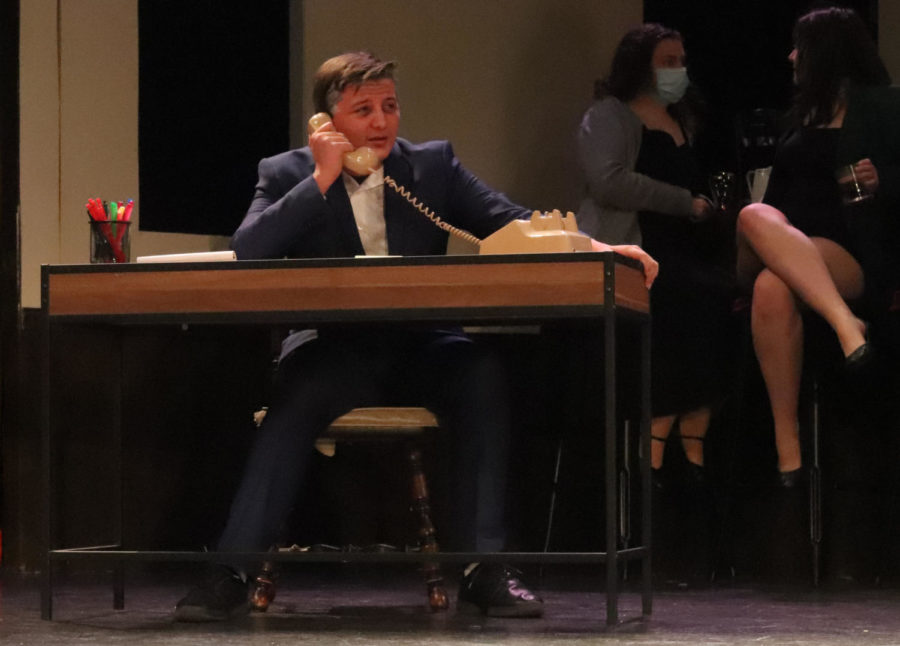 Grant Gibson (Dan Denton) talks on the phone with the police department during the dress rehearsal of Bonechiller. Gibsons character had important information about Joisahs murder.