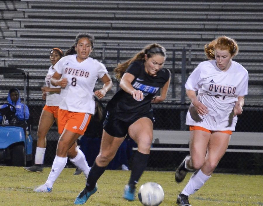 Defensive midfield Megan ODonnell dribbles the ball down the field. The girls varsity soccer team tied against Oviedo.