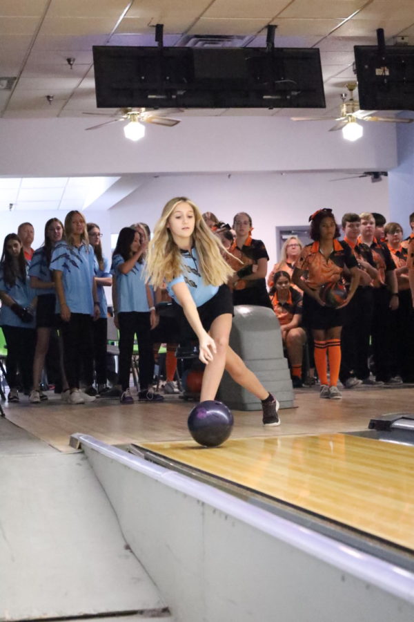 Sophomore Ember  Disorbo is in her bowling stance. She had a 131 game average and 134 game high against Oviedo on Sept. 7
