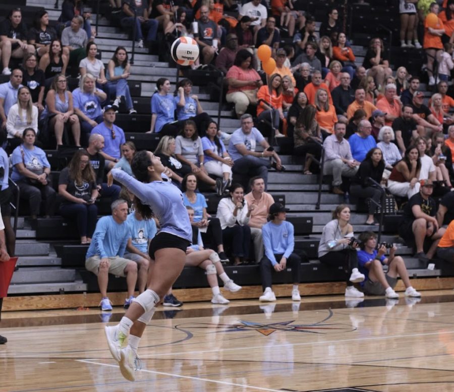 Libero Mayte Camacho serves the ball. Hagerty fell to a 3-2 loss against Oviedo.