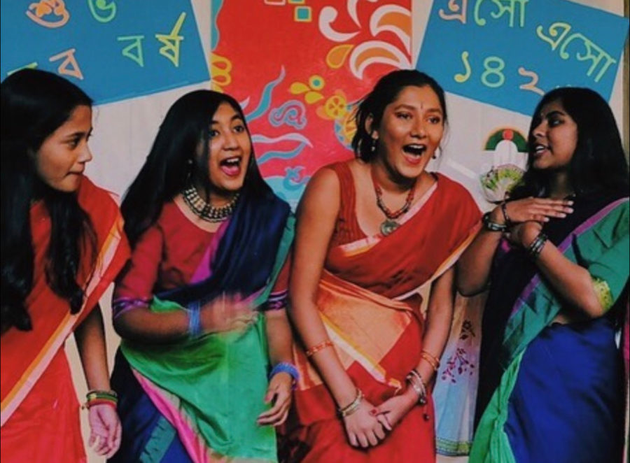 Kabir (third one from left) and her friends perform a dance at the Bengali new year in 2019. This is just one way Kabir celebrates her Bengali heritage.