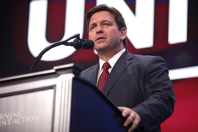Governor Ron DeSantis speaks with attendees at a Unite & Win Rally at Arizona Financial Theatre in Phoenix, Arizona. After earning 59.4% of the majority vote, DeSantis was re-elected as governor in the 2022 midterm elections.