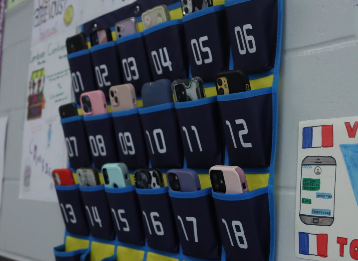 Phone cubbies in French teacher Pamela Lynchs classroom. Due to new Florida law, students may not use their phones in class unless prompted to do so by their teacher.