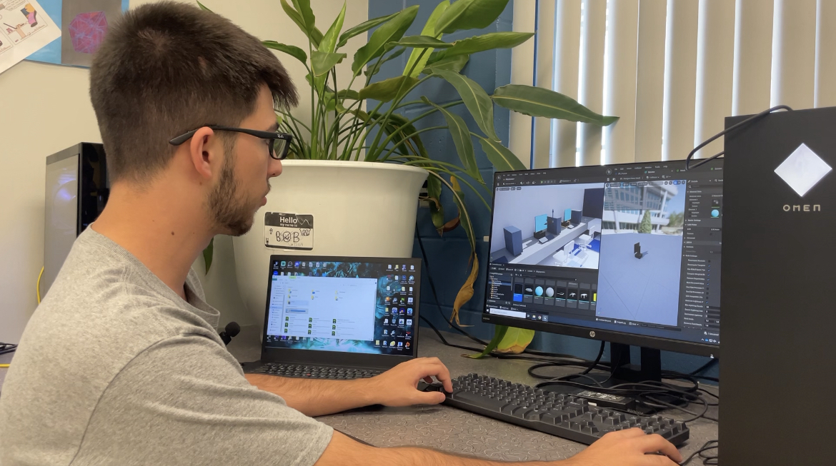 Senior Nicholas Maxwell works in Maya on principal Robert Frasca's character. Modeling and Simulation 4 students have been working on a video game based on Hagerty, featuring numerous teachers and staff members.