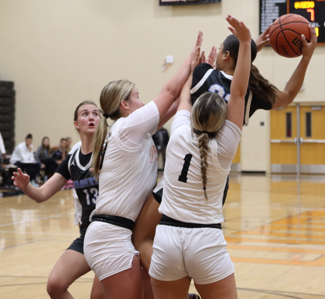 Guard Ciara Hayes throws a contested pass to forward Isabel Lindauer. Linduaer would drain the 3-pointer.