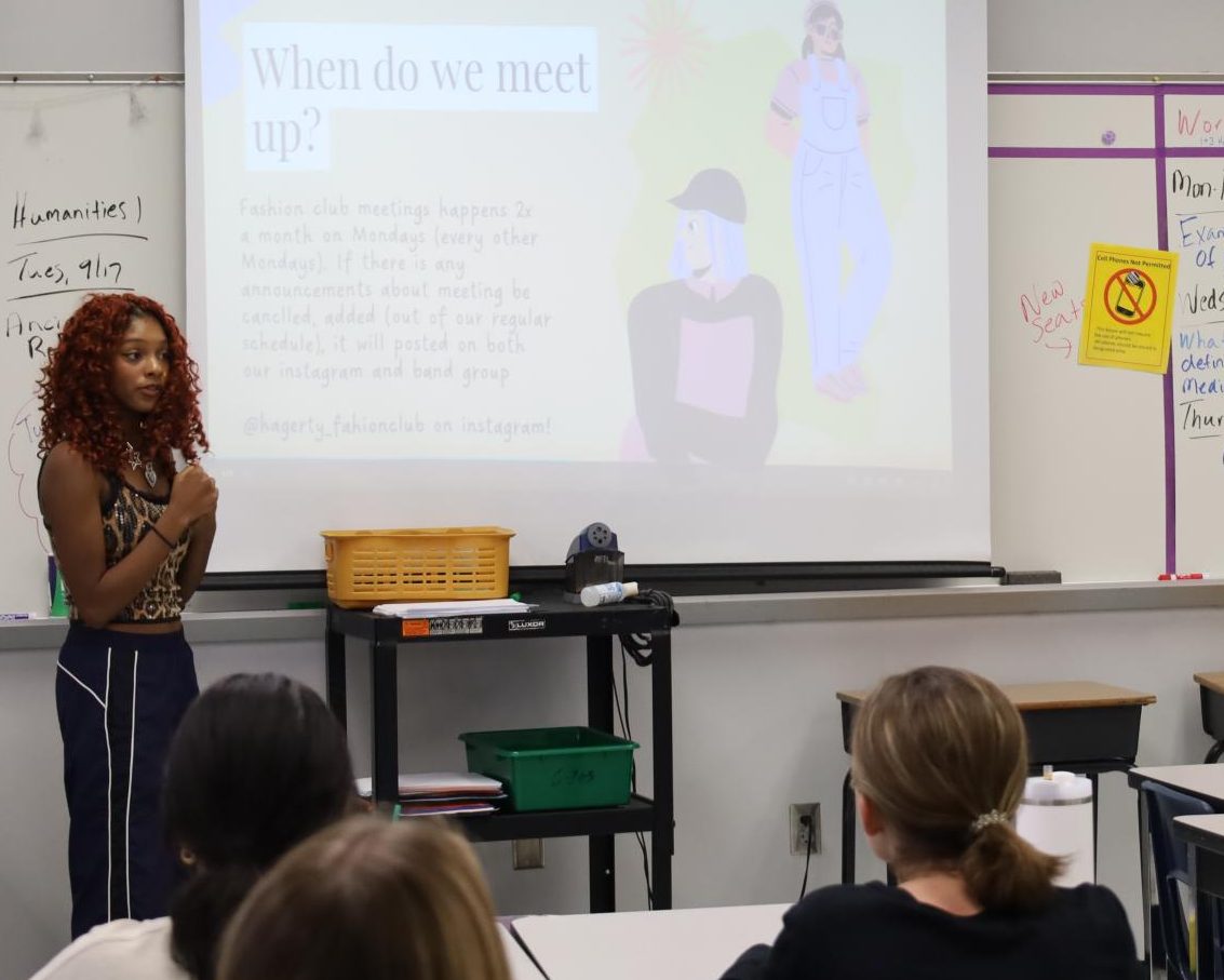 President Misa Gibbs presents upcoming plans for the Fashion Club at their Sept. 6 meeting. The club announced plans for a fashion show and other future projects.