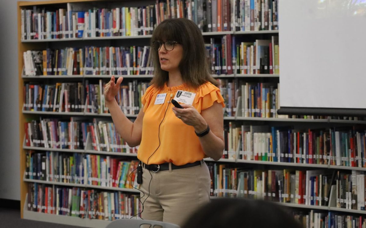 University of Florida representative Elizabeth Saguil talks to students about the opportunities offered at UF. Saguil's presentation took 45 minutes, and she answered students' questions afterward for another 45 minutes.